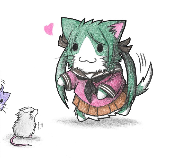 :3 ahoge animal_ears animalization cat cat_ears cat_tail check_commentary colored_pencil_(medium) commentary commentary_request dainamitee hair_ribbon heart kantai_collection mikuma_(kantai_collection) neckerchief non-human_admiral_(kantai_collection) peeking_out pleated_skirt rat rat_ears rat_tail ribbon sakawa_(kantai_collection) school_uniform serafuku simple_background skirt tail traditional_media twintails white_background