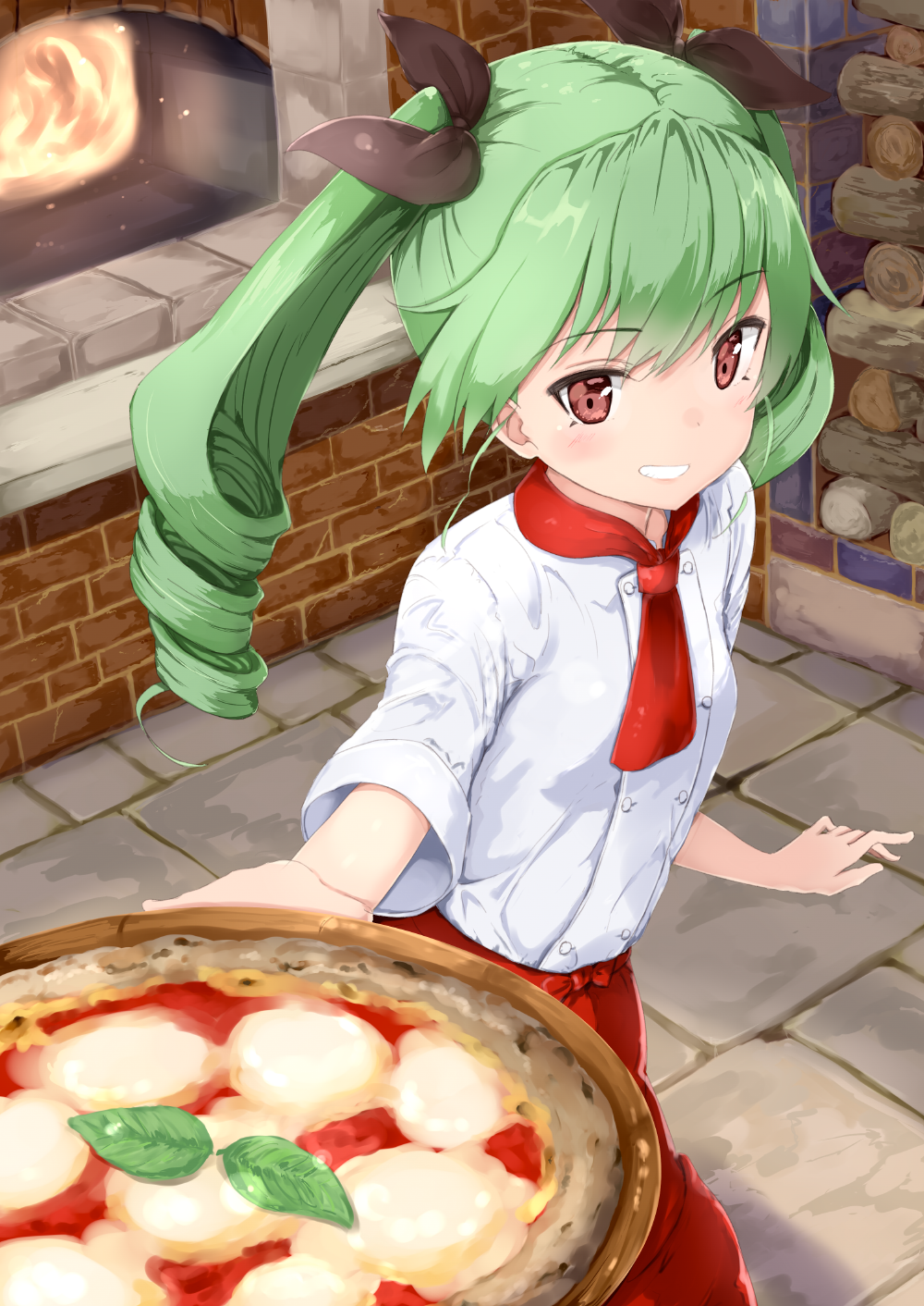 1girl alternate_costume ame. anchovy apron ascot blush bow chef_uniform drill_hair fire firewood food girls_und_panzer green_hair grin hair_bow highres indoors long_hair looking_at_viewer outstretched_arm oven pizza red_eyes revision smile solo sparks twin_drills waist_apron wood