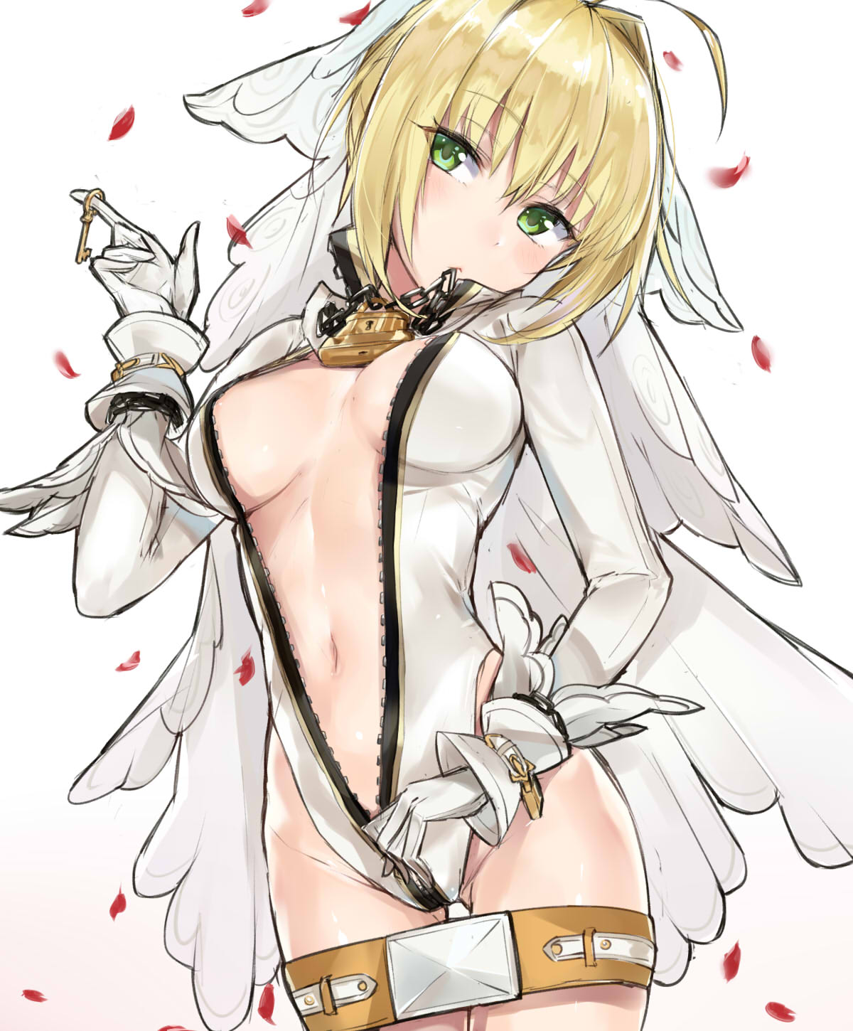 1girl ahoge belt blonde_hair breasts breasts_apart center_opening chain cowboy_shot eyebrows eyebrows_visible_through_hair fate/extra fate/extra_ccc fate_(series) gloves green_eyes highres key kyouki lock looking_at_viewer medium_breasts mouth_hold navel no_bra padlock petals saber_bride saber_extra short_hair sketch solo unzipping veil white_gloves zipper