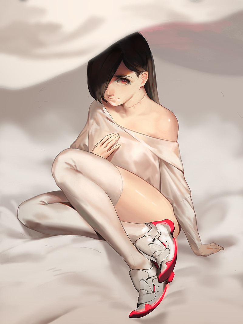 1girl bed_sheet black_hair commentary crossed_ankles gamma_(geoffrey) hair_over_one_eye long_hair nose off_shoulder original pink_eyes scar shoes sitting sneakers solo stitches thigh-highs thighs white white_legwear