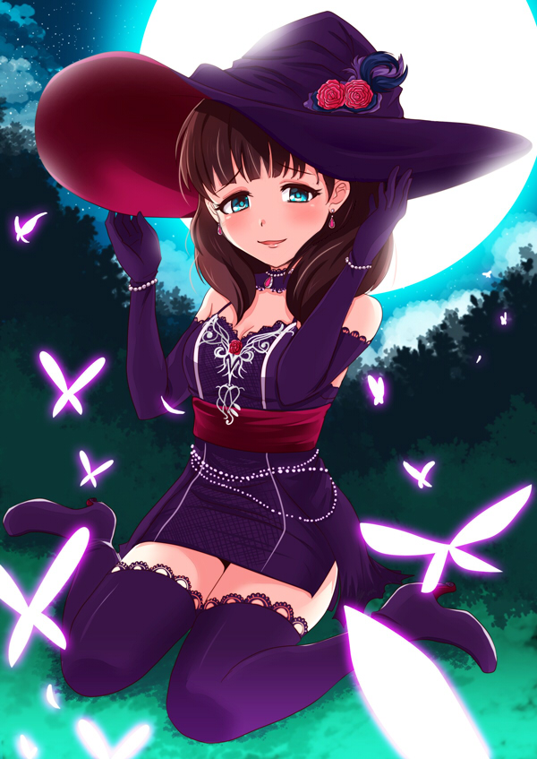 1girl blue_eyes blush breasts brown_hair butterfly choker cleavage elbow_gloves flower full_moon gloves glowing hairband hat hat_flower idolmaster idolmaster_cinderella_girls idolmaster_cinderella_girls_starlight_stage looking_at_viewer moon parted_lips revision sakuma_mayu sash short_hair sitting smile solo wariza witch_hat yasuhito