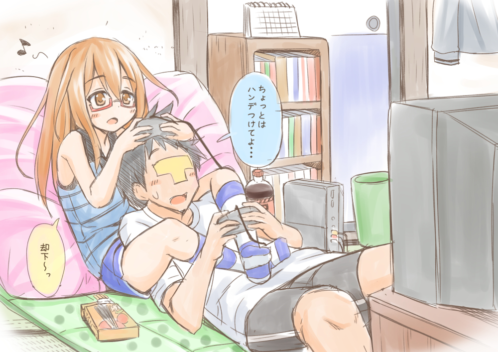 1boy 1girl admiral_(kantai_collection) black_hair blush book bookshelf breast_pillow brown_eyes brown_hair calendar_(object) commentary_request controller fujishima_shinnosuke game_console game_controller gamepad glasses indoors kantai_collection kneehighs leg_lock long_hair lying lying_on_person mochizuki_(kantai_collection) musical_note on_back open_mouth pillow playing_games pocky quaver red-framed_eyewear shorts sleeveless striped striped_legwear tank_top tatami television they_had_lots_of_sex_afterwards translated