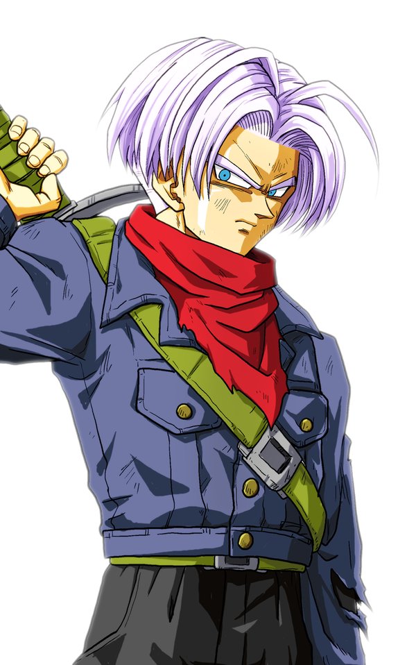 1boy backlighting blue_eyes dirty dragon_ball dragon_ball_super jacket kamishima_kanon lavender_hair male_focus neckerchief solo sword torn_clothes trunks_(dragon_ball) upper_body weapon