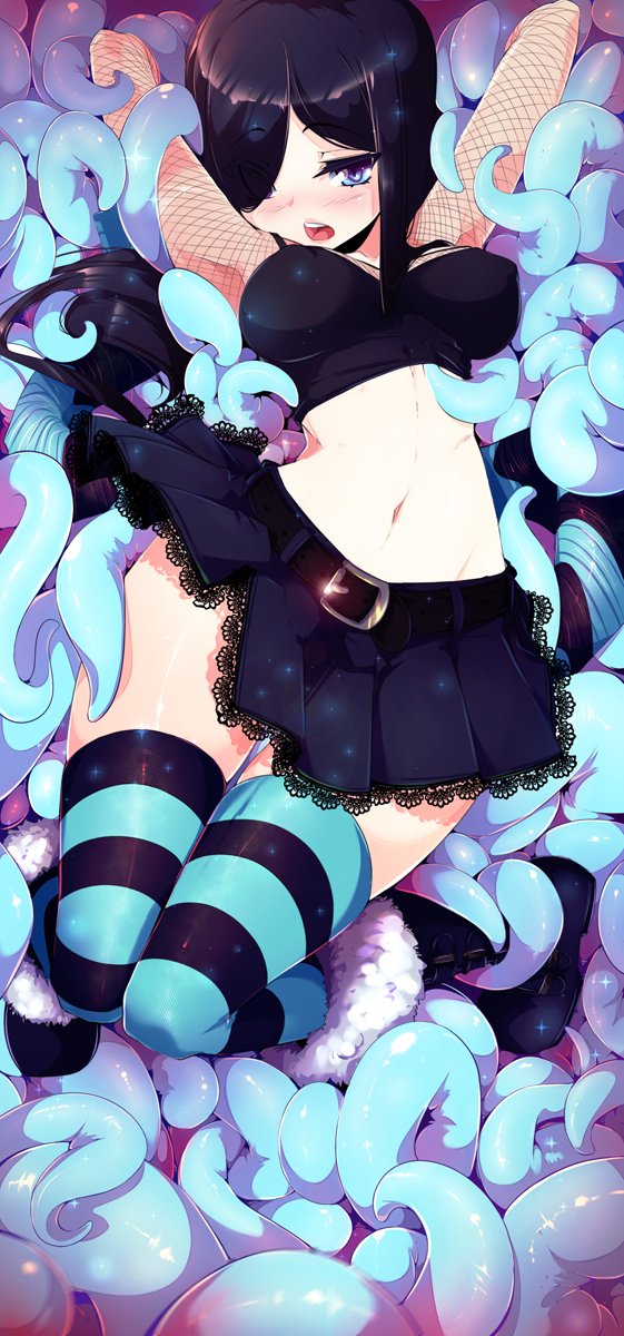 1girl arms_up black_hair breasts fishnets hair_over_one_eye highres lace lace-trimmed_skirt midriff navel open_mouth original skirt sticky_(stickysheep) striped striped_legwear tentacles thigh-highs