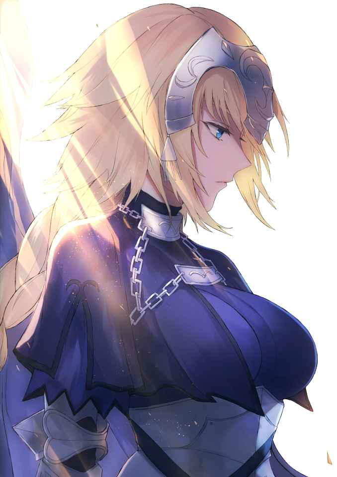 1girl armor backlighting bangs blonde_hair blue_eyes braid breastplate breasts capelet closed_mouth fate/apocrypha fate_(series) flag fringe from_side headpiece kachiino large_breasts light_particles profile ruler_(fate/apocrypha) shade simple_background single_braid solo turtleneck upper_body white_background