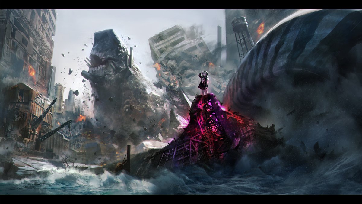 1girl bacius cityscape crane destruction glowing kaijuu kantai_collection monster ocean re-class_battleship rubble ruins splashing tagme water_tower