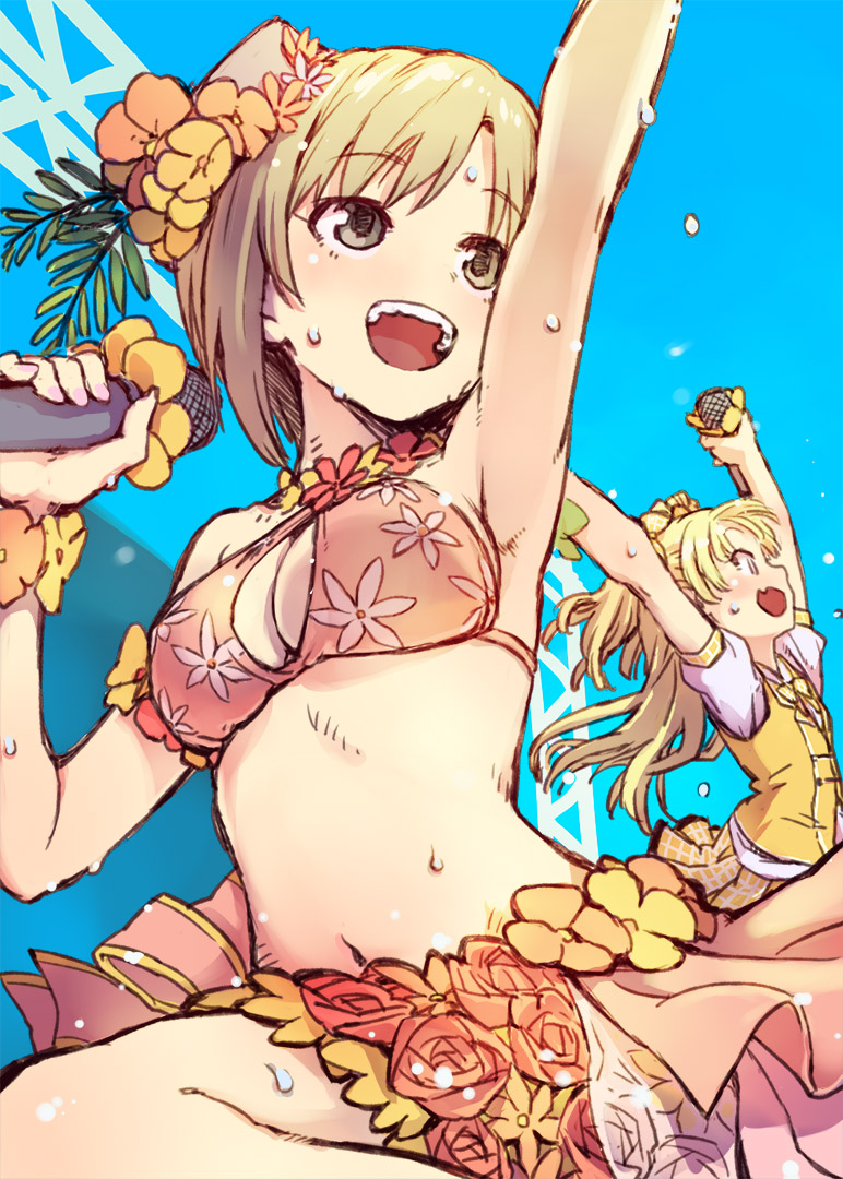 2girls aiba_yumi arm_up armpits arms_up bangs bare_shoulders bikini_skirt blonde_hair blue_sky blush bracelet breasts brown_eyes cleavage collarbone flower hair_flower hair_ornament idolmaster idolmaster_cinderella_girls jewelry jougasaki_rika long_hair microphone multiple_girls nametake navel open_mouth puffy_short_sleeves puffy_sleeves short_hair short_sleeves sky smile sweat two_side_up vest