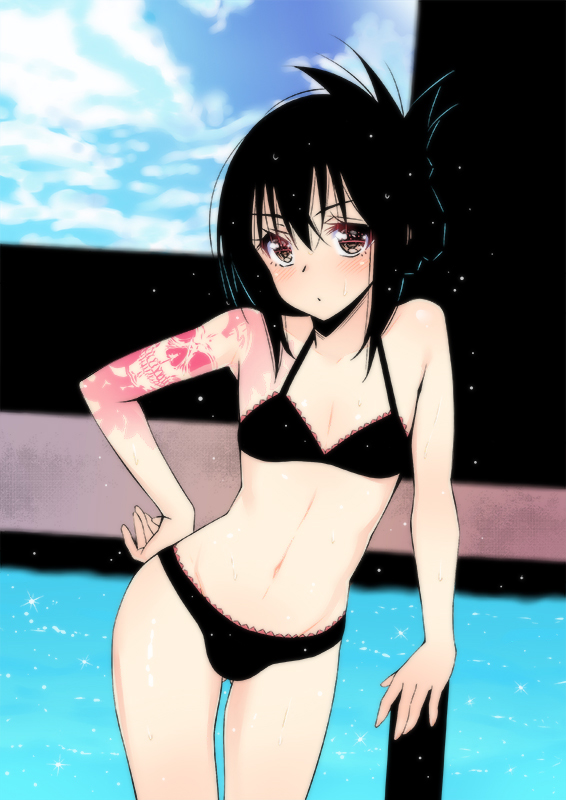 1boy akage bikini black_eyes black_hair bulge hand_on_hip navel otoko_no_ko pool solo swimsuit tattoo