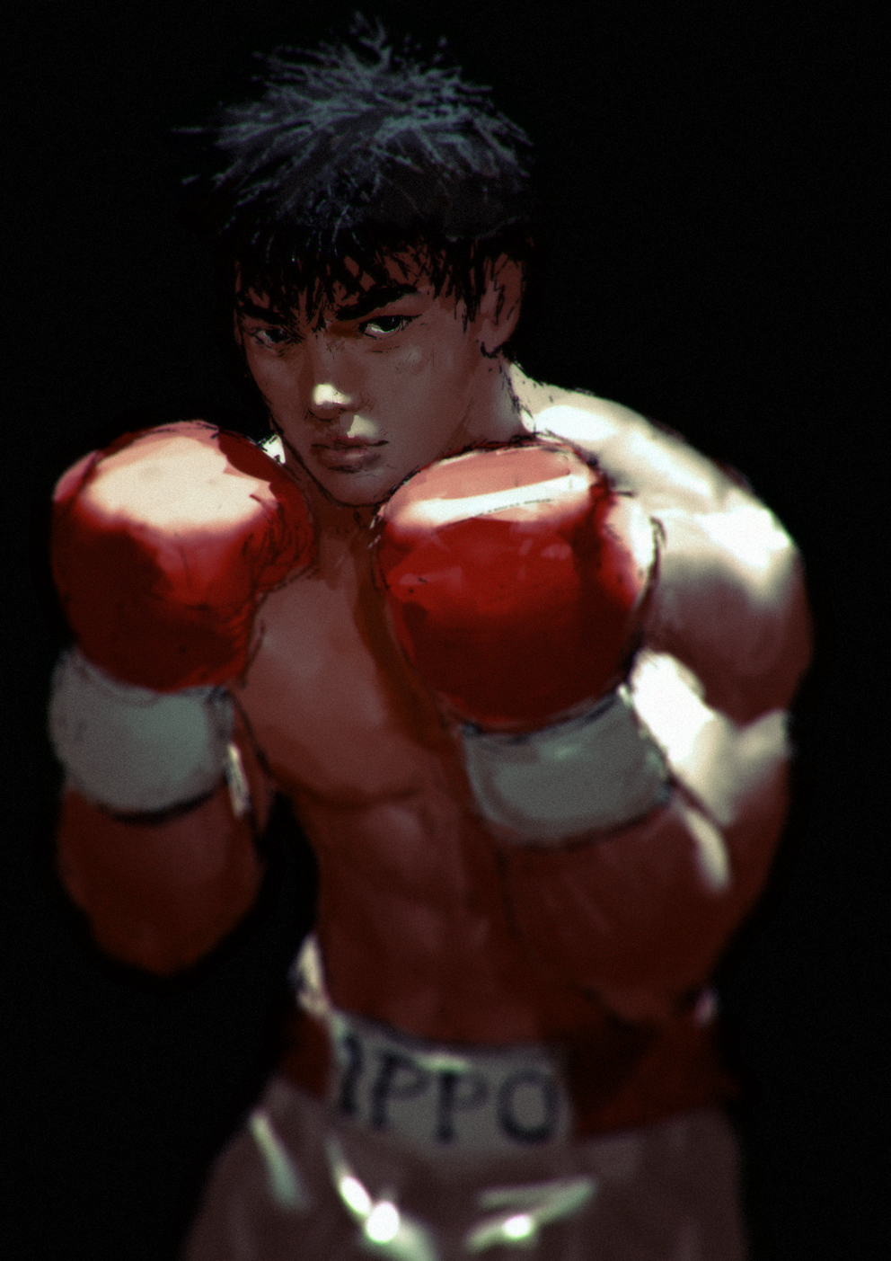 1boy abs black_eyes black_hair blurry boxing_gloves boxing_shorts fighting_stance gerald_parel hajime_no_ippo highres light makunouchi_ippo male_focus muscle realistic shirtless shorts solo upper_body