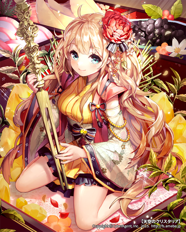 1girl 2015 :&gt; ahoge blonde_hair blue_eyes blush braid breasts closed_mouth company_name copyright_name detached_sleeves dress english eyebrows eyebrows_visible_through_hair flower food from_above full_body gio_(maroon0924) hair_flower hair_ornament holding_fork japanese_clothes long_hair medium_breasts number obentou obi sash sitting smile solo sparkle tenkuu_no_crystalia very_long_hair watermark web_address yellow_dress