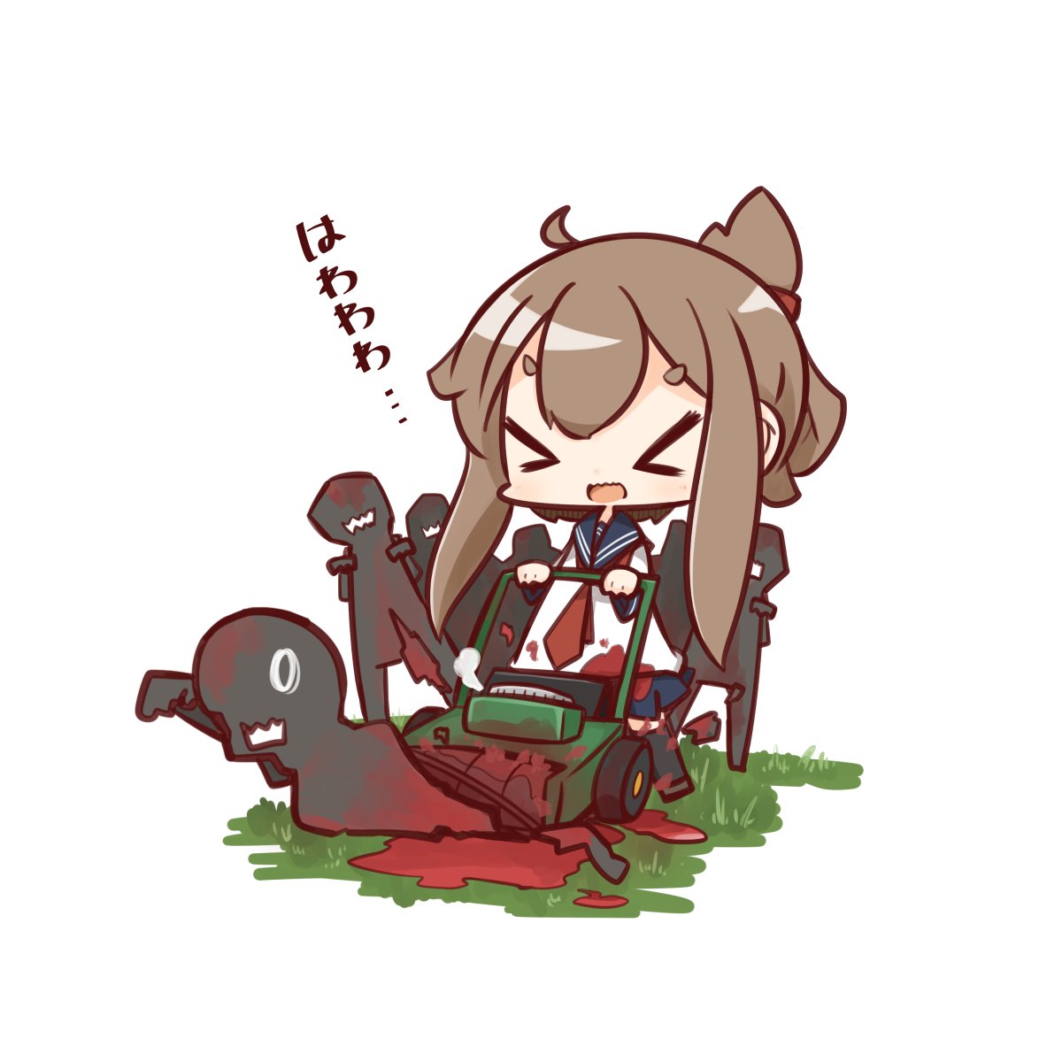 &gt;_&lt; 1girl ahoge blood bloody_clothes brown_hair chibi closed_eyes commentary_request folded_ponytail highres inazuma_(kantai_collection) kantai_collection lawnmower necktie nuu_(nu-nyu) open_mouth plasma-chan_(kantai_collection) school_uniform serafuku simple_background white_background zombie