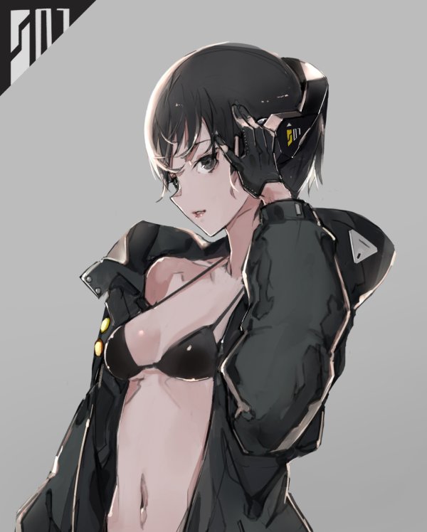 1girl bangs bikini black_bikini black_bikini_top black_gloves black_hair black_jacket breasts commentary gloves grey_background grey_eyes hand_on_head hand_up jacket medium_breasts navel original parted_lips short_hair simple_background solo swimsuit teeth yucca-612