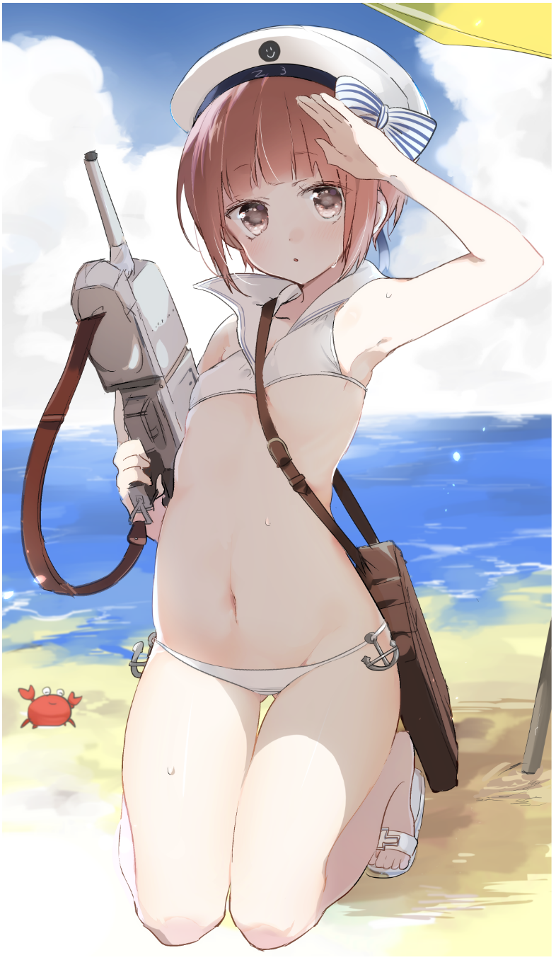 1girl anchor animal arm_up armpits ass_visible_through_thighs bag bangs bare_arms bare_shoulders beach beret bikini blue_sky blunt_bangs bow breasts coast collarbone crab day eyebrows eyebrows_visible_through_hair gun hat hat_bow highres holding holding_gun holding_weapon horizon kantai_collection kneeling looking_at_viewer navel outdoors sailor_bikini sailor_collar sailor_hat salute sand sandals shore sino_(sionori) sky small_breasts smiley_face stomach strap_cleavage striped striped_bow summer sweatdrop swimsuit thigh_gap trigger_discipline weapon white_bikini white_hat z3_max_schultz_(kantai_collection)