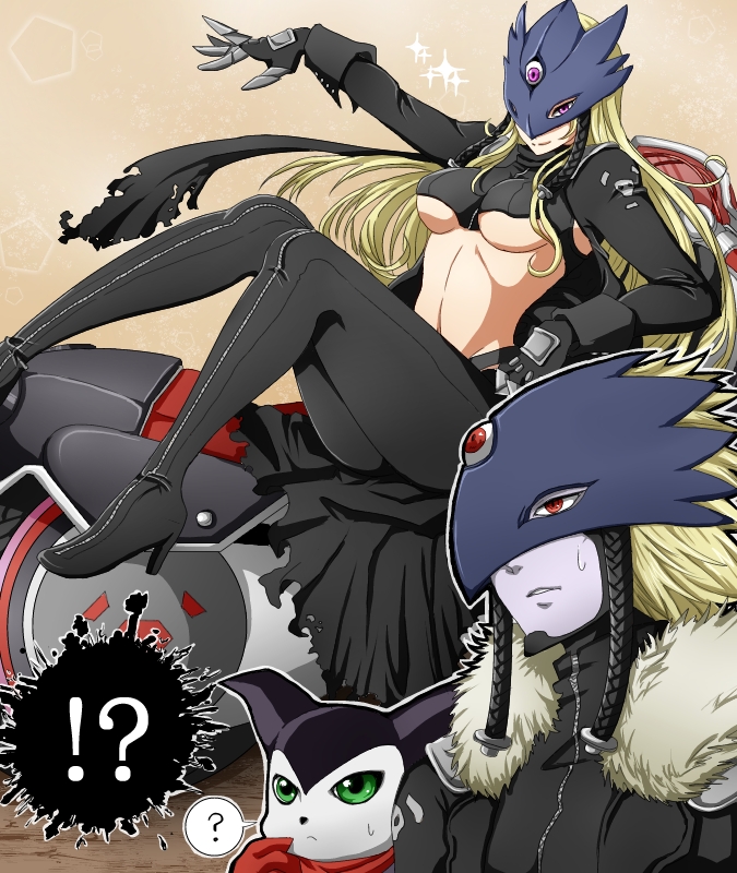 !? 1boy 1girl ? beelstarmon beelzebumon biker_clothes black_boots black_cape black_gloves blonde_hair boots breasts cape digimon domino_mask fur_trim gloves green_eyes ground_vehicle helmet high_heel_boots high_heels impmon long_hair long_sleeves looking_at_viewer mask medium_breasts midriff motor_vehicle motorcycle navel nue_(himetemari) pale_skin parted_lips pink_eyes red_eyes red_scarf scarf sitting sitting_on_object smile sparkle spoken_question_mark stomach sweat thigh-highs thigh_boots third_eye under_boob zipper