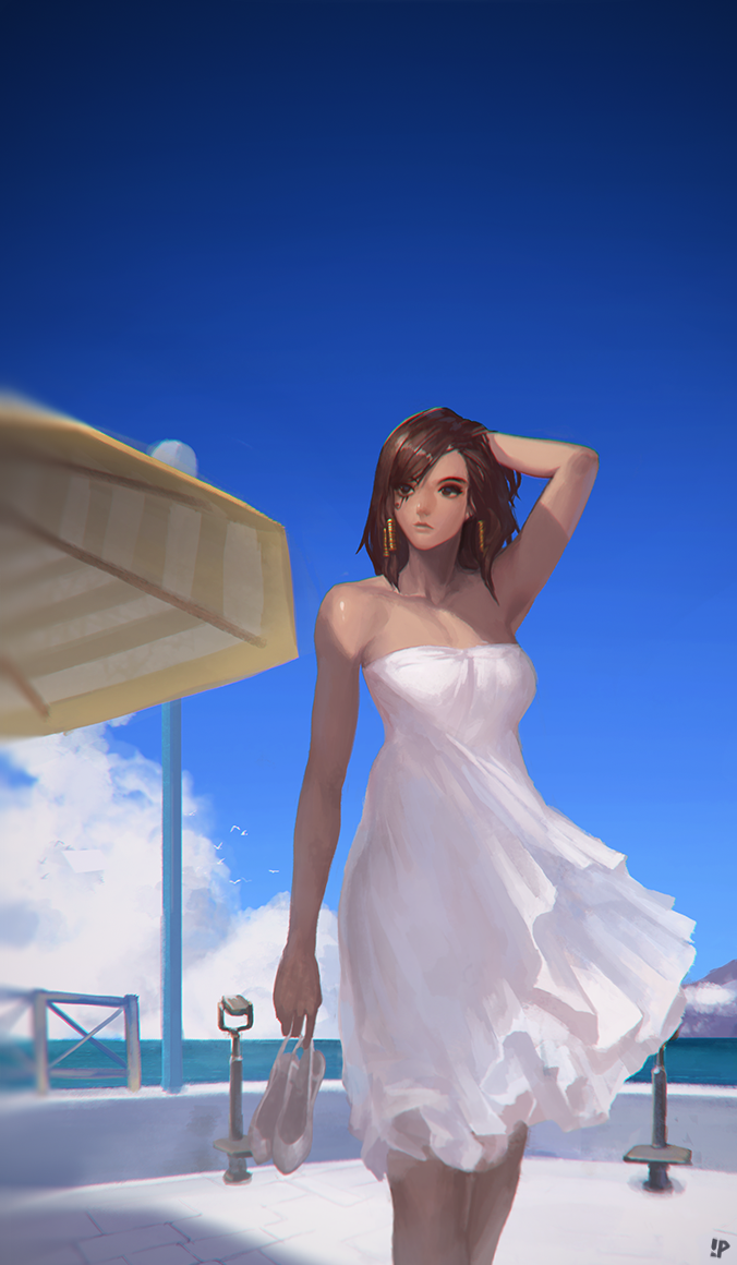 1girl arm_up artist_name beach_umbrella blue_sky breasts brown_eyes brown_hair closed_mouth clouds collarbone cowboy_shot dark_skin day dress expressionless facial_tattoo hair_tubes hand_in_hair holding holding_shoes horizon instant_ip lips looking_to_the_side medium_breasts ocean overwatch pharah_(overwatch) shoes shoes_removed sky solo standing strapless strapless_dress summer tattoo umbrella water white_dress