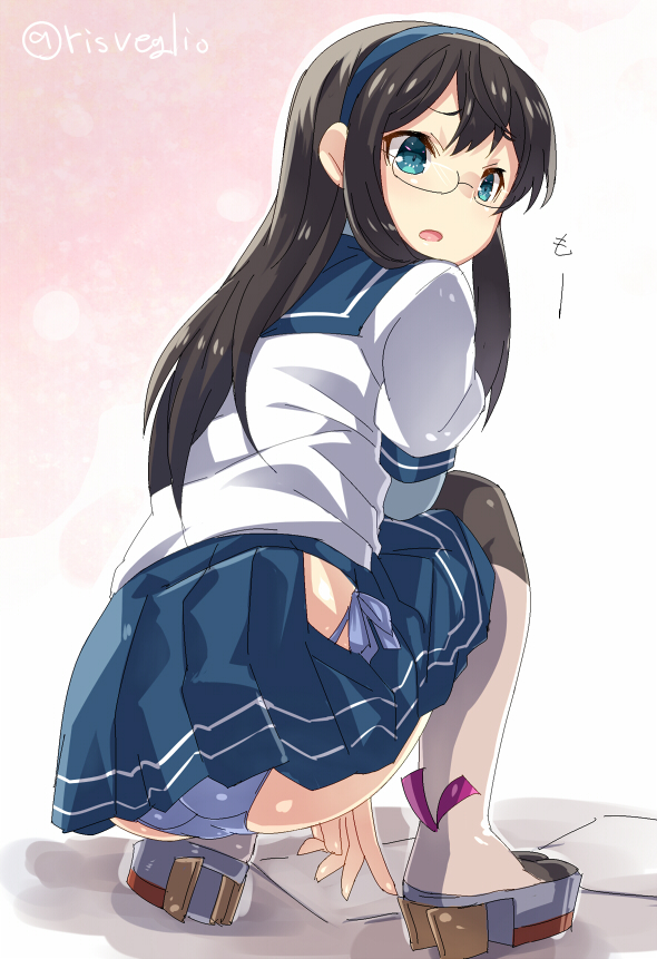 1girl :o ass black_hair blue_eyes blue_skirt glasses hairband high_heels hip_vent kantai_collection long_hair long_sleeves looking_back ooyodo_(kantai_collection) open_mouth panties pantyshot pantyshot_(squatting) papers picking_up platform_footwear platform_heels pleated_skirt school_uniform semi-rimless_glasses serafuku short_sleeves side-tie_panties skirt solo squatting thigh-highs torimaru twitter_username under-rim_glasses underwear white_panties