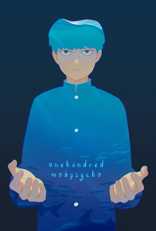 1boy animal bangs black_background black_eyes blue bowl_cut closed_mouth copyright_request fish frown gakuran hiko_(scape) kageyama_shigeo long_sleeves looking_at_viewer male_focus mob_psycho_100 ocean outstretched_hand pants school_uniform simple_background solo underwater upper_body