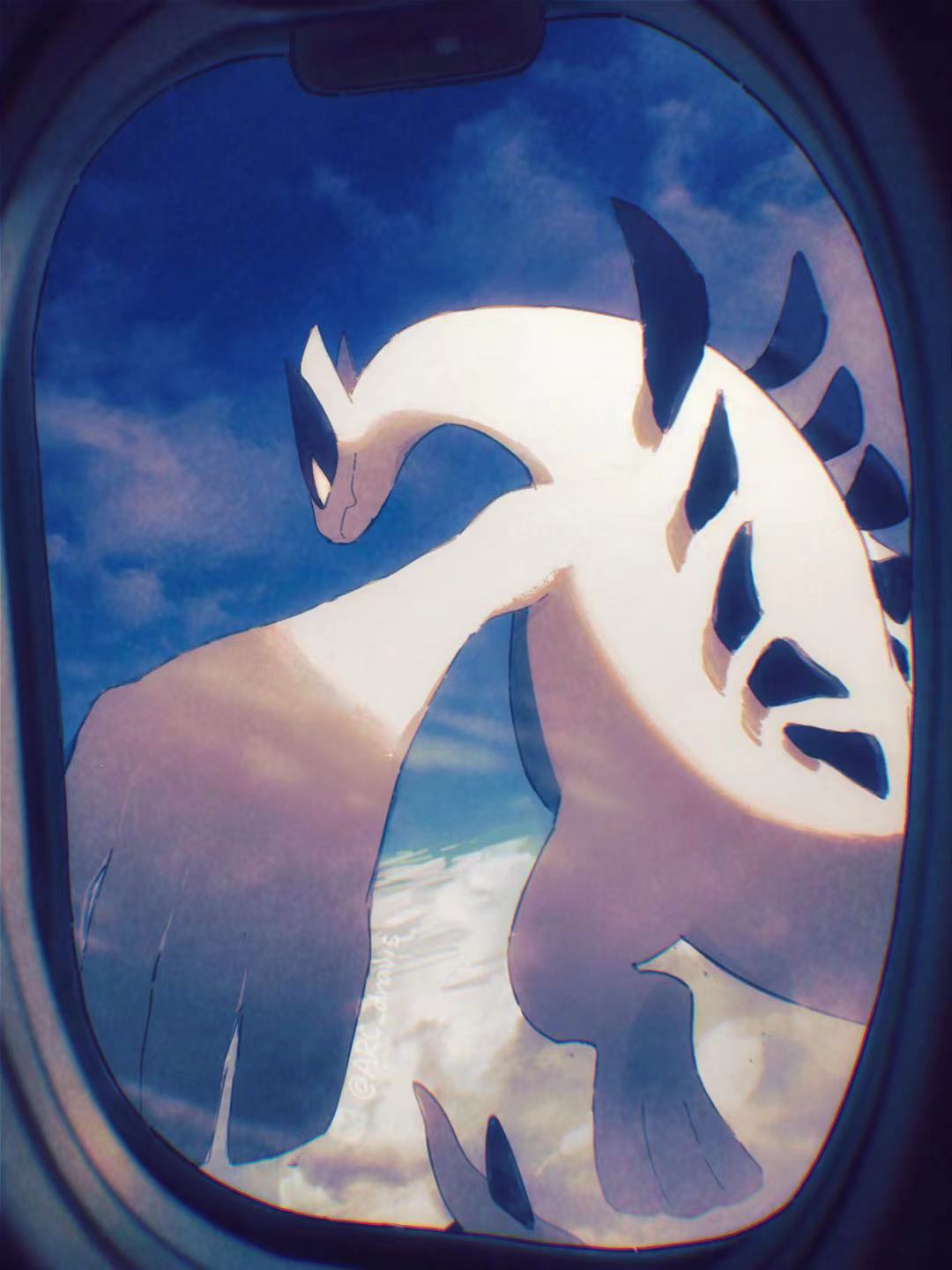 above_clouds airplane_interior arc_draws closed_mouth clouds commentary_request day fang flying highres lugia no_humans pokemon pokemon_(creature) skin_fang sky solo window