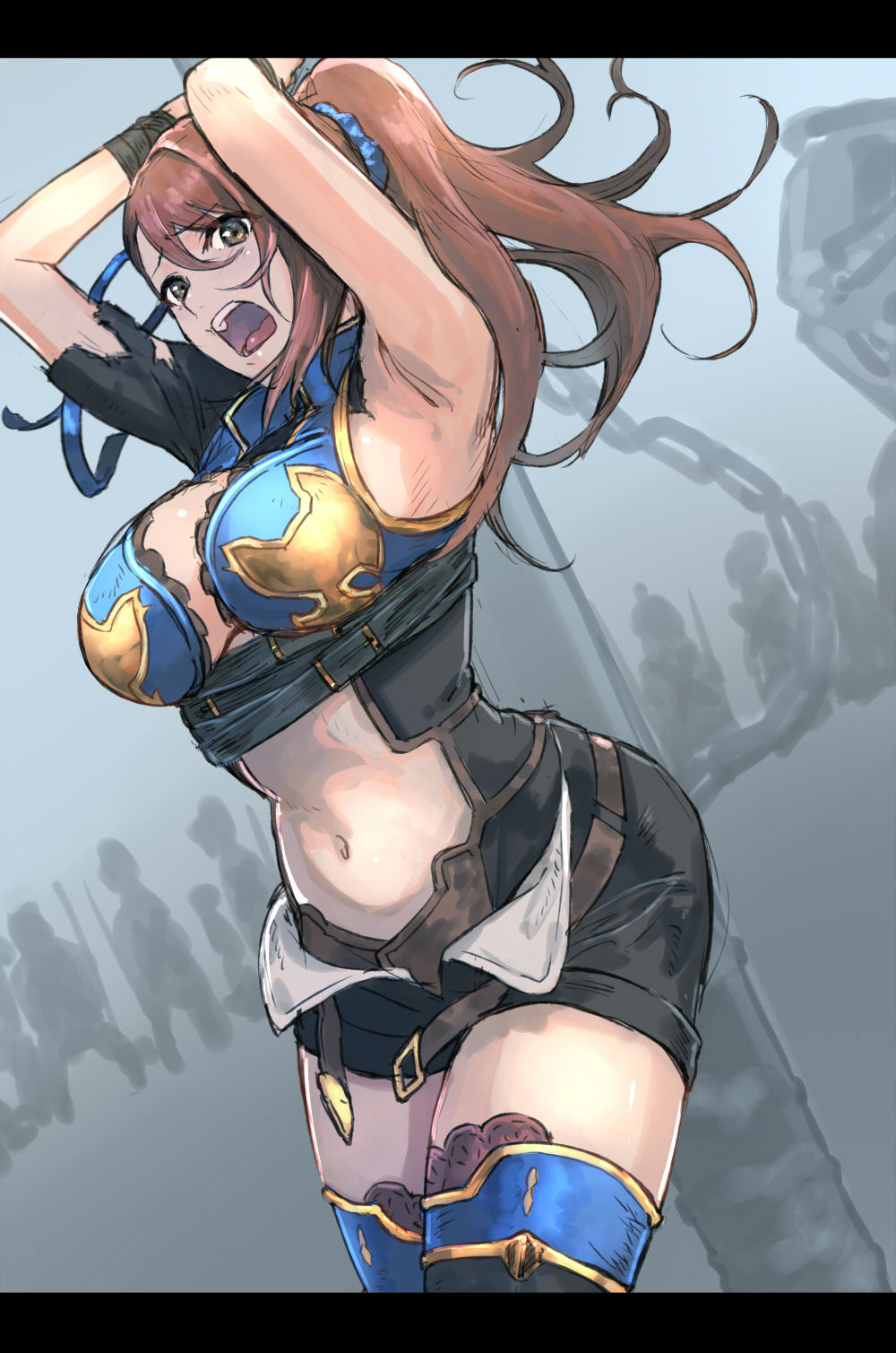 1girl armor arms_up beatrix_(granblue_fantasy) belt bikini_armor black_legwear bound bound_wrists breasts brown_eyes brown_hair chain crowd granblue_fantasy hair_ornament highres large_breasts long_hair navel open_fly open_mouth ponytail shikuro_(masax1107) short_shorts shorts solo_focus teeth thigh-highs torn_clothes undone undone_belt zettai_ryouiki