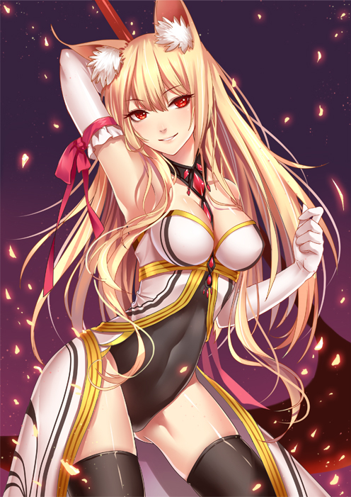 1girl animal_ears arm_behind_head arm_ribbon arm_up bangs bare_shoulders between_breasts black_legwear blonde_hair breasts cha_chazi cleavage collar contrapposto covered_navel elbow_gloves embers fox_ears gloves long_hair medium_breasts original red_eyes ribbon scythe seductive_smile smile solo thigh-highs underbust very_long_hair white_gloves