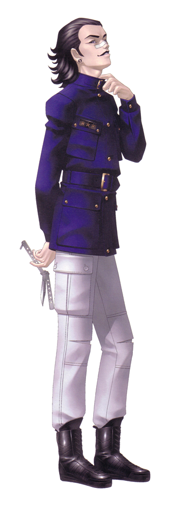 1boy balisong bandaid behind_back black_hair boots ear_piercing kazuma_kaneko knife looking_at_viewer official_art ozawa_(shin_megami_tensei) piercing shin_megami_tensei shin_megami_tensei_i smug weapon