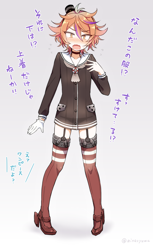 1boy aina123 amatsukaze_(kantai_collection) amatsukaze_(kantai_collection)_(cosplay) blush brown_eyes brown_hair cosplay crossdressinging dress fang flying_sweatdrops garter_straps gotou_toushirou hat kantai_collection male_focus multicolored_hair nose_blush open_mouth panties red_legwear sailor_dress see-through single_glove solo streaked_hair striped striped_legwear thigh-highs touken_ranbu translation_request underwear