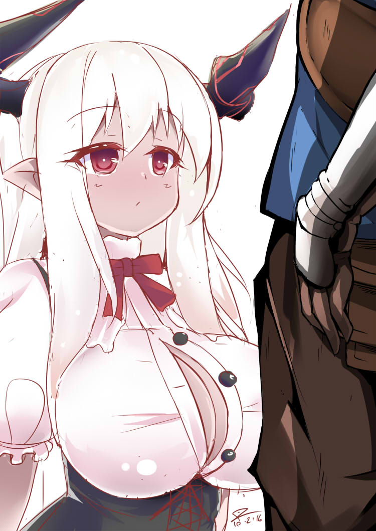 1boy 1girl 2016 bangs borrowed_character breasts buttons center_opening closed_mouth colo_mag-chan commentary dated deksodba doraf eyebrows eyebrows_visible_through_hair fighter_(granblue_fantasy) gran_(granblue_fantasy) granblue_fantasy hair_between_eyes horns imminent_paizuri large_breasts long_hair open_clothes open_shirt original pointy_ears puffy_short_sleeves puffy_sleeves red_eyes red_ribbon ribbon shirt short_sleeves simple_background solo_focus unbuttoned underbust white_background white_hair white_shirt