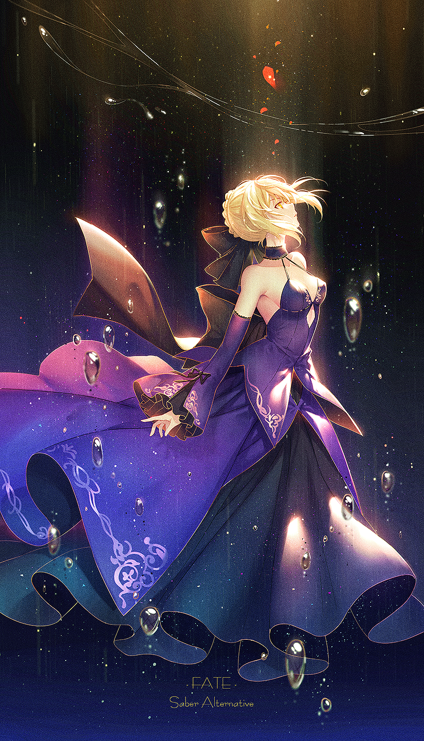 1girl bare_shoulders blonde_hair bow breasts dark_persona detached_sleeves dress fate/grand_order fate/stay_night fate_(series) hair_bow highres lolita_fashion looking_up medium_breasts profile purple_dress saber saber_alter solo tidsean water yellow_eyes