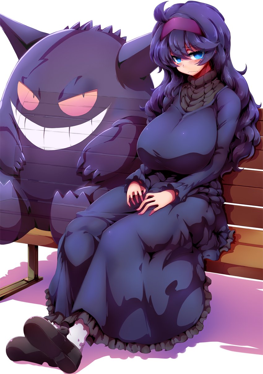 1girl @_@ ahoge bags_under_eyes bench blush breasts dress frown gengar ghost grin hairband hands_on_lap hex_maniac_(pokemon) highres huge_breasts long_hair messy_hair pokemon pokemon_(creature) pokemon_(game) pokemon_xy purple_hair red_eyes sitting smile sweater tokyo_(great_akuta) translucent transparent violet_eyes wavy_mouth