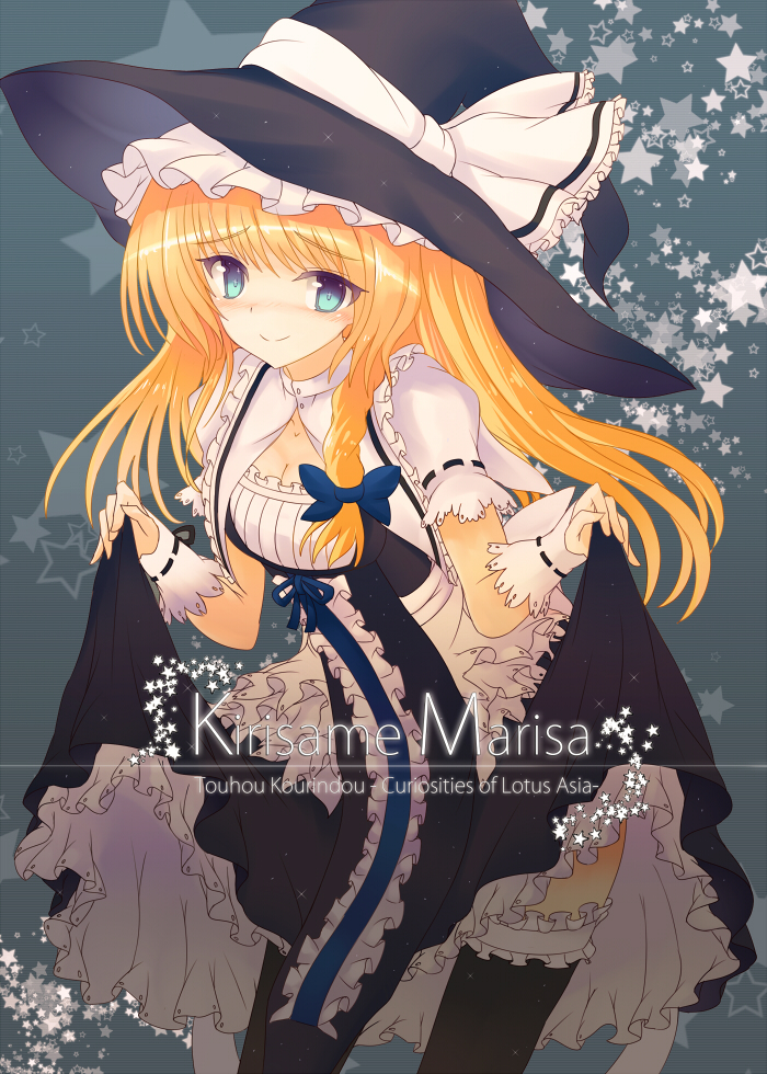 1girl black_dress black_legwear blonde_hair blue_bow blue_eyes blush bow braid breasts character_name cleavage closed_mouth copyright_name cowboy_shot curiosities_of_lotus_asia dress dress_lift frilled_dress frilled_legwear frills hair_bow hat hat_ribbon kirisame_marisa leaning_forward lifted_by_self long_hair looking_at_viewer nose_blush ribbon side_braid small_breasts smile solo thigh-highs touhou white_ribbon witch_hat wrist_cuffs yodori