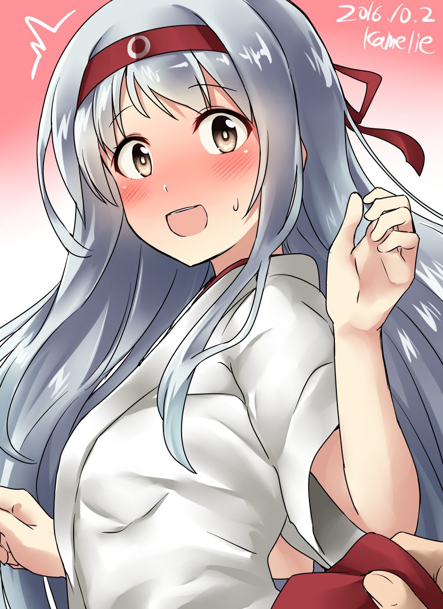 1girl :o artist_name blush breasts brown_eyes commentary_request dated eyebrows eyebrows_visible_through_hair from_side gradient gradient_background hands_up headband highres kamelie kantai_collection long_hair looking_at_viewer o_o open_mouth red_background shoukaku_(kantai_collection) silver_hair solo surprised sweatdrop twitter_username