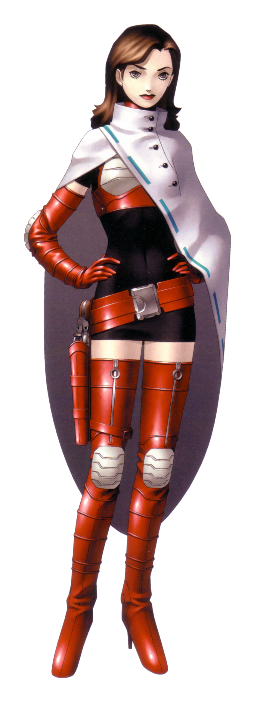 armor boots brown_hair cape gun hand_on_hip high_heels highres holster kazuma_kaneko lipstick makeup official_art shin_megami_tensei shin_megami_tensei_i thigh-highs thigh_boots weapon yuka_(shin_megami_tensei)