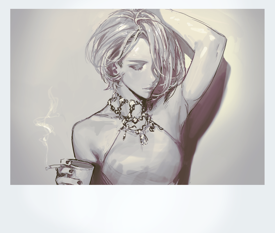 1girl arm_up armpits cigarette closed_eyes cup greyscale jewelry monochrome necklace original photo_(object) rr_(suisse200) short_hair sleeveless solo