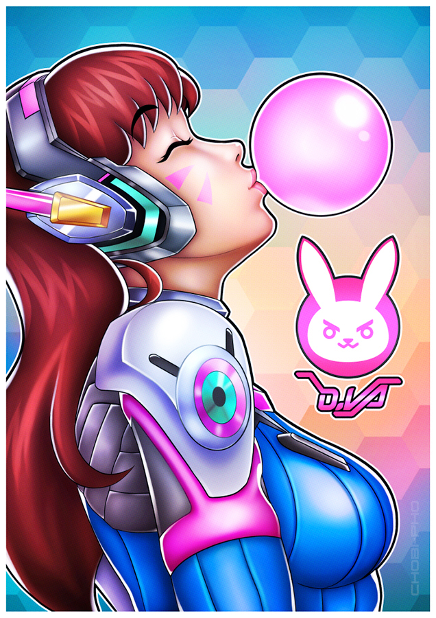 1girl arched_back artist_name bangs breasts bubblegum character_name closed_eyes d.va_(overwatch) facepaint facial_mark from_side headphones honeycomb_background leaning_back lips long_hair nose overwatch pilot_suit profile redhead ribbed_bodysuit signature skin_tight small_breasts smug solo swept_bangs toni_hoang_nguyen upper_body whisker_markings white_border