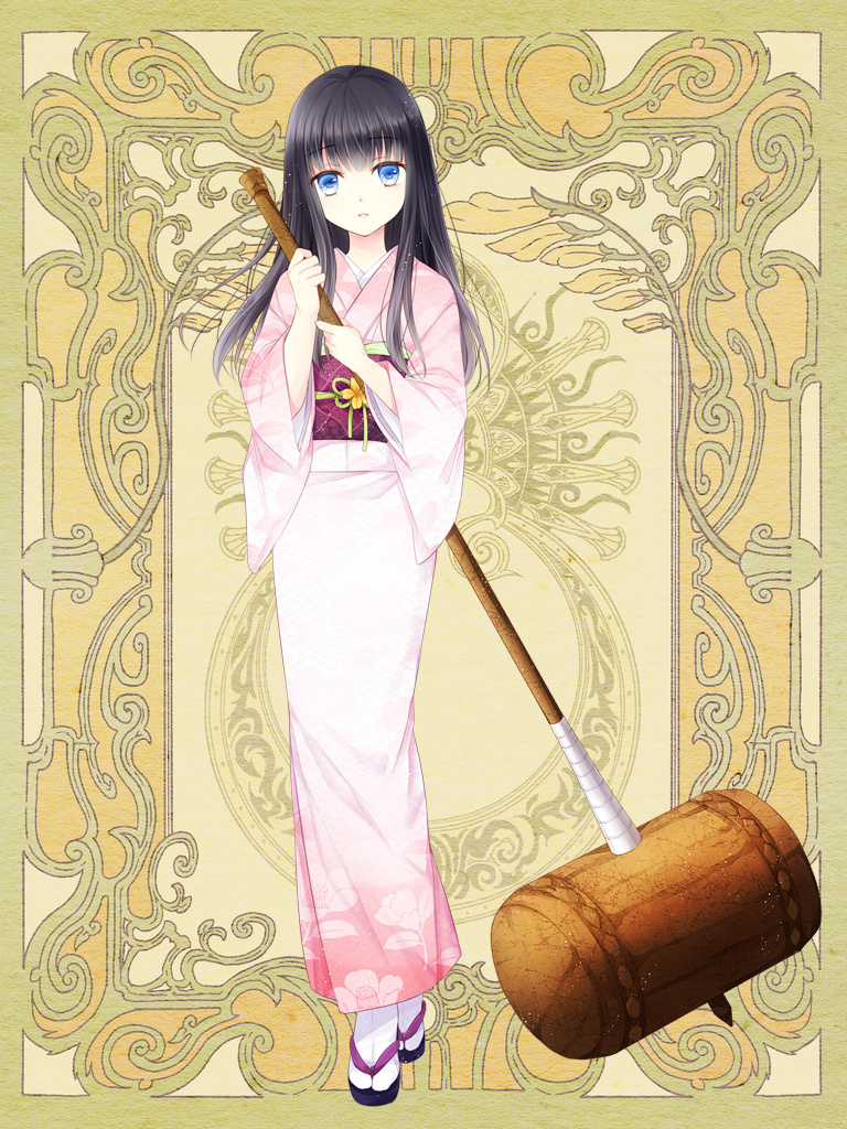 1girl black_hair blue_eyes expressionless eyebrows eyebrows_visible_through_hair floral_print full_body geta hammer holding holding_weapon japanese_clothes kimono long_hair long_sleeves looking_at_viewer mizuna_umi nakura_eri obi parted_lips pink_kimono psychic_hearts sash sidelocks solo standing tabi weapon wide_sleeves