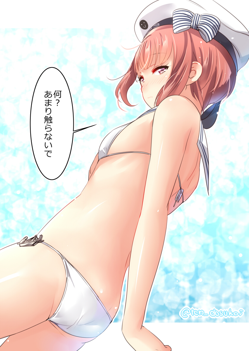 1girl anchor_symbol ass auburn_hair bangs bare_arms bikini blush bow breasts brown_eyes character_name closed_mouth clothes_writing cowboy_shot eyebrows eyebrows_visible_through_hair flat_chest from_below from_side frown hat hat_bow juurouta kantai_collection looking_at_viewer looking_down outside_border ribs sailor_bikini sailor_collar sailor_hat shiny shiny_skin short_hair small_breasts smiley_face solo speech_bubble string_bikini striped striped_bow swimsuit translated twitter_username white_bikini white_hat z3_max_schultz_(kantai_collection)