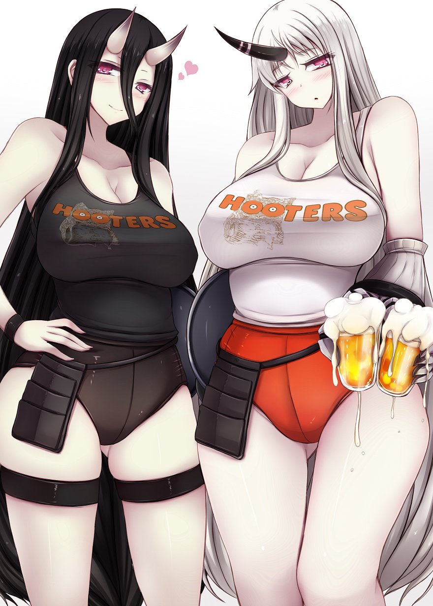 2girls alternate_costume bare_legs battleship_hime beer_mug bird black_hair blush breasts claws collarbone commentary_request eyebrows eyebrows_visible_through_hair foam gloves hair_between_eyes heart highres hooters horn horns huge_breasts kantai_collection large_breasts long_hair looking_at_viewer multiple_girls owl seaport_hime shinkaisei-kan silver_hair simple_background smile tank_top very_long_hair violet_eyes wristband yuzumiya_mono
