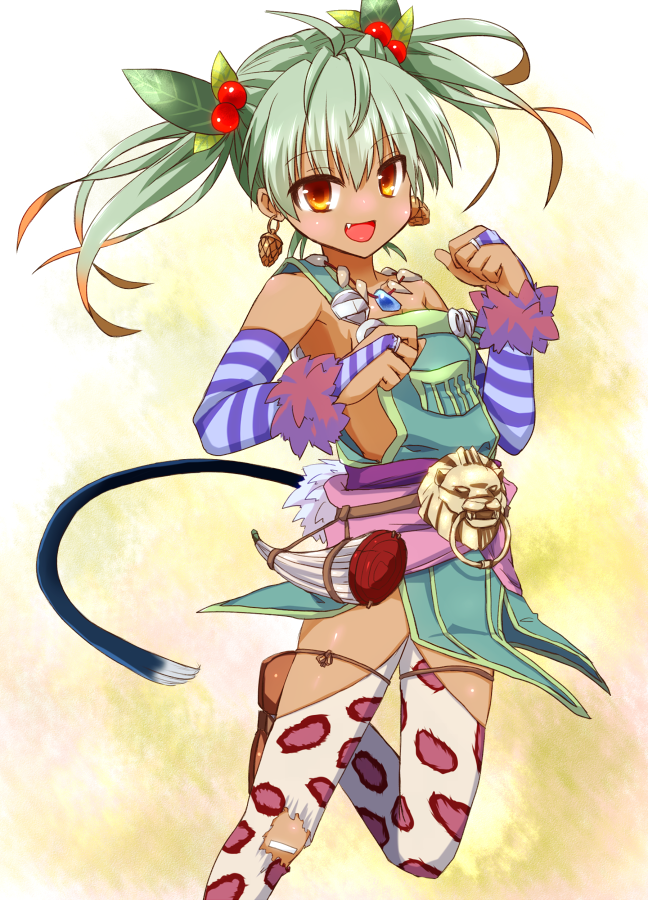 1girl :d ahoge bangs bridal_gauntlets brown_hair clenched_hands cowboy_shot earrings fang gradient_hair green_hair hair_ornament hands_up horn_(instrument) jewelry leaf_hair_ornament leopard_print looking_at_viewer misoshiru_(meridianchild312) multicolored_hair naked_overalls necklace open_mouth orange_eyes overall_skirt overalls ricotta_(ys) sash short_hair smile solo standing standing_on_one_leg strap_slip striped tail tan thigh-highs tooth_necklace torn_clothes torn_thighhighs twintails yellow_background ys ys_viii_lacrimosa_of_dana