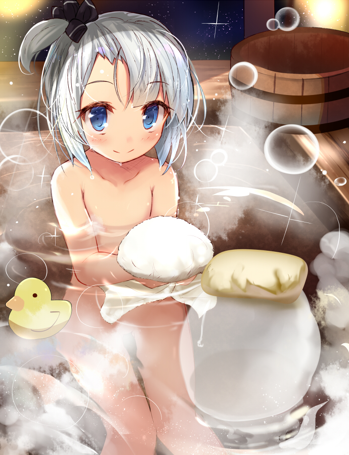 1girl bathing blue_eyes blush bubble bucket closed_mouth collarbone efe konpaku_youmu konpaku_youmu_(ghost) looking_at_viewer night night_sky nude rubber_duck side_ponytail silver_hair sitting sky smile solo star_(sky) starry_sky touhou towel