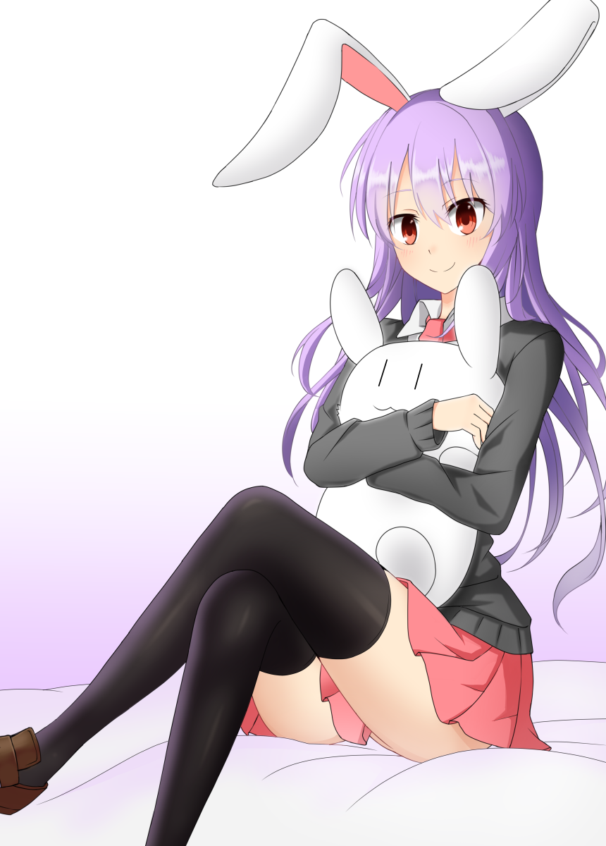 1girl animal_ears black_legwear blush collared_shirt crossed_legs highres long_hair looking_at_viewer necktie object_hug purple_hair rabbit_ears red_eyes reisen_udongein_inaba shirt shoes sitting skirt smile solo stuffed_animal stuffed_bunny stuffed_toy sweater thigh-highs touhou white_background xialuluo_(sharuro) zettai_ryouiki