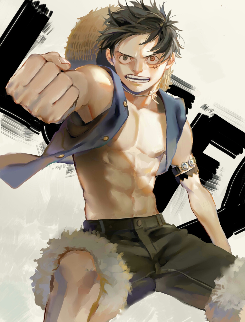 1boy black_hair clenched_hand hat highres linrereren male_focus monkey_d_luffy one_piece scar short_hair solo straw_hat