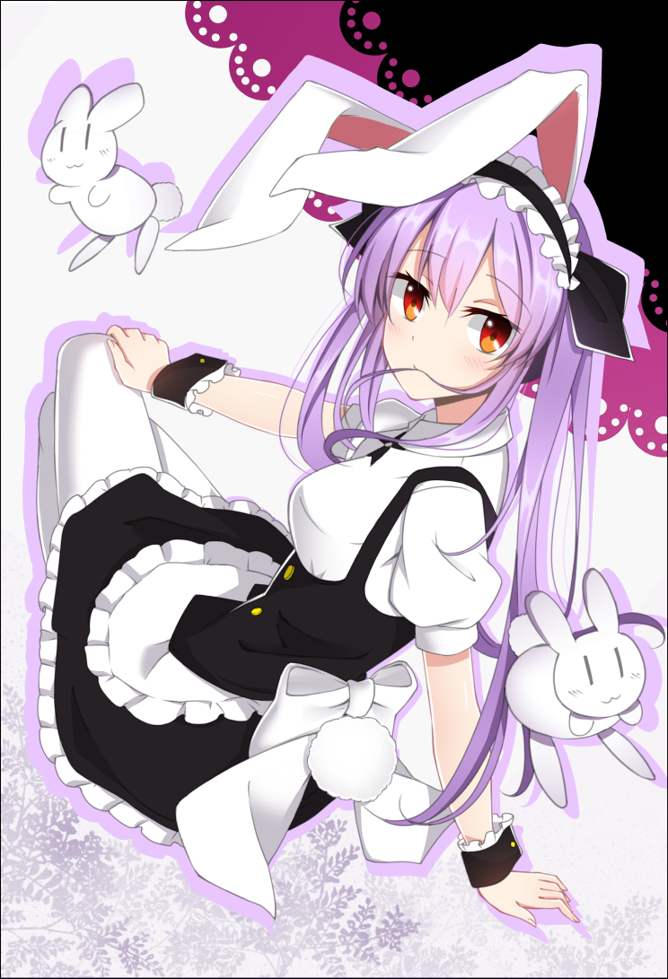 1girl alternate_costume apron arm_support blush bow bowtie breasts bunny_tail collared_shirt enmaided hair_in_mouth hand_on_own_knee lavender_hair long_hair looking_at_viewer maid maid_apron maid_headdress rabbit red_eyes reisen_udongein_inaba shirt sitting tail thigh-highs touhou white_legwear wrist_cuffs xialuluo_(sharuro)