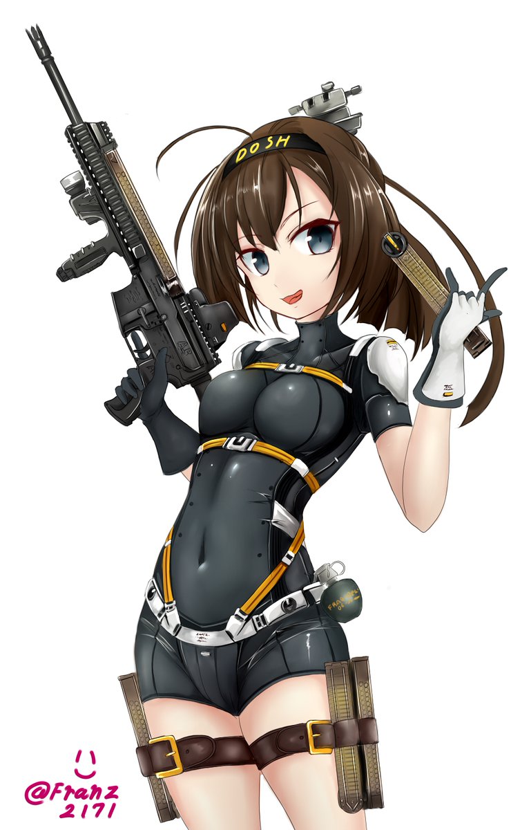 1girl :d adapted_costume ahoge akizuki_(kantai_collection) ar-57 bangs belt black_hair blue_eyes breasts brown_hair clothes_writing covered_navel cowboy_shot explosive franz_(217franz) gloves grenade gun hachimaki headband headgear highres holding holding_gun holding_weapon holster kantai_collection long_hair looking_at_viewer magazine_(weapon) medium_breasts open_mouth ponytail simple_background smile solo thigh_holster trigger_discipline twitter_username unitard weapon white_background