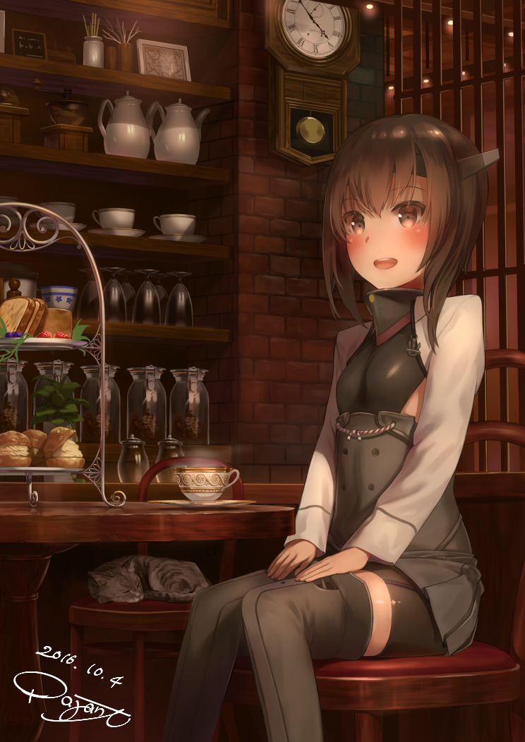 1girl bike_shorts brown_eyes brown_hair chair coffee coffee_mug cup flat_chest headband headgear kantai_collection pajant pastry pleated_skirt restaurant short_hair sitting skirt solo taihou_(kantai_collection) watch