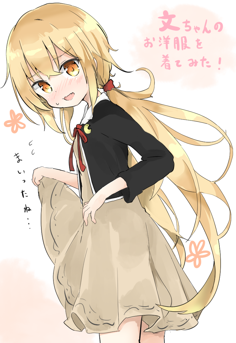 1girl alternate_costume blonde_hair blush commentary_request dress fang flying_sweatdrops gradient_eyes kantai_collection multicolored_eyes satsuki_(kantai_collection) scrunchie shibainu_kisetsu skirt skirt_lift solo sweatdrop translated twintails yellow_eyes