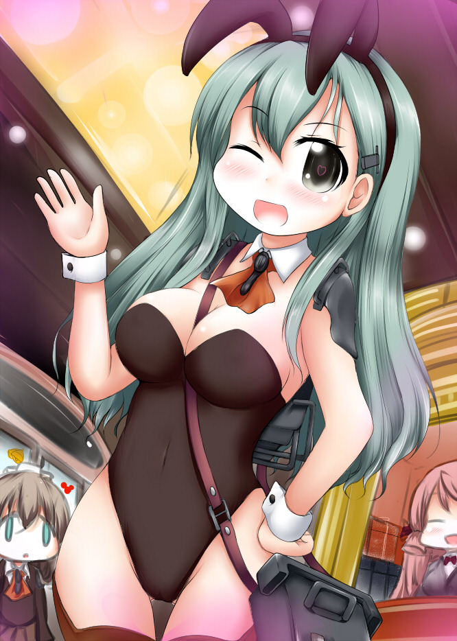 akashi_(kantai_collection) animal_ears aqua_eyes aqua_hair bare_shoulders blue_eyes breasts brown_hair brown_skirt bunny_girl bunny_tail bunnysuit cleavage covered_navel detached_collar face_of_the_people_who_sank_all_their_money_into_the_fx hair_ornament hair_ribbon hairclip heart heart-shaped_pupils kantai_collection kumano_(kantai_collection) leotard long_hair multiple_girls one_eye_closed ouno_(nounai_disintegration) pink_hair ponytail rabbit_ears ribbon school_uniform skirt smile strap_cleavage suzuya_(kantai_collection) symbol-shaped_pupils tail tress_ribbon wrist_cuffs