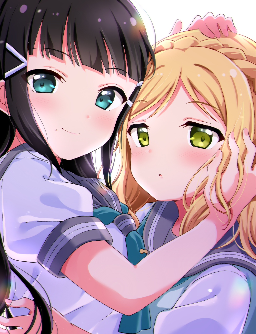 2girls :o aqua_neckwear bangs black_hair blonde_hair blue_eyes blush braid crown_braid eyebrows_visible_through_hair green_eyes hair_ornament hairclip hand_in_another's_hair hand_on_another's_cheek hand_on_another's_face hand_on_another's_head highres hug kurosawa_dia long_hair looking_at_viewer love_live! love_live!_sunshine!! medium_hair mole mole_under_mouth multiple_girls neckerchief ohara_mari pipette1223 school_uniform serafuku short_sleeves smile tie_clip upper_body uranohoshi_school_uniform yuri