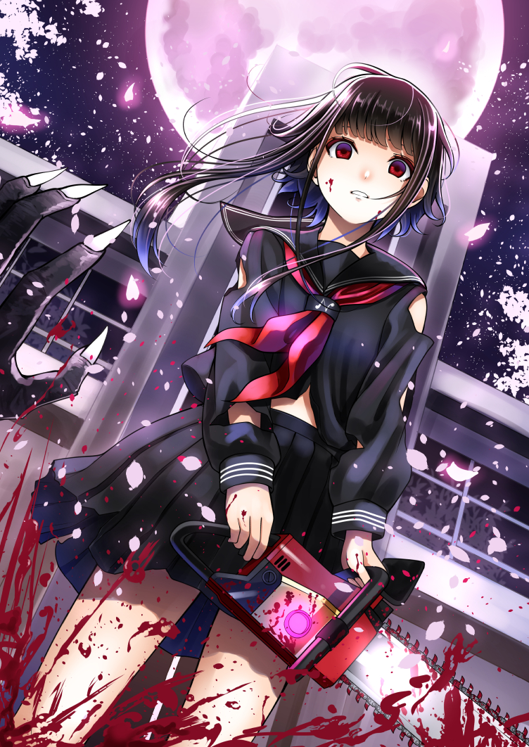1girl bangs black_hair blood blood_on_face blunt_bangs blush chainsaw claws commentary_request empty_eyes full_moon kentaurosu long_sleeves looking_at_viewer moon neckerchief night night_sky open_mouth original outdoors pleated_skirt pov_hands red_eyes school_uniform serafuku short_hair_with_long_locks skirt sky solo_focus standing star_(sky) starry_sky torn_clothes tree