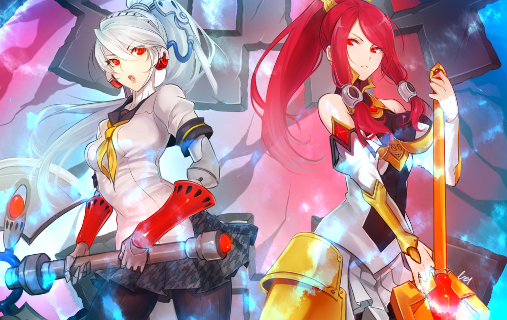 2girls android arc_system_works armor armored_dress axe bare_shoulders battle_axe blazblue breasts company_connection crossover detached_sleeves faulds hair_tubes high_ponytail houndstooth izayoi_(blazblue) labrys medium_breasts multiple_girls pantyhose persona persona_4:_the_ultimate_in_mayonaka_arena planted_weapon pleated_skirt polearm ponytail red_eyes redhead robot_ears school_uniform serafuku sidelocks silver_hair skirt spear striped striped_legwear tusia vertical-striped_legwear vertical_stripes weapon