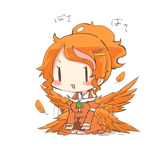 1girl aquila_(kantai_collection) bird_wings blush chibi feathered_wings flapping hair_ornament hairclip kantai_collection lowres open_mouth orange_hair rebecca_(keinelove) seiza sitting solo wings